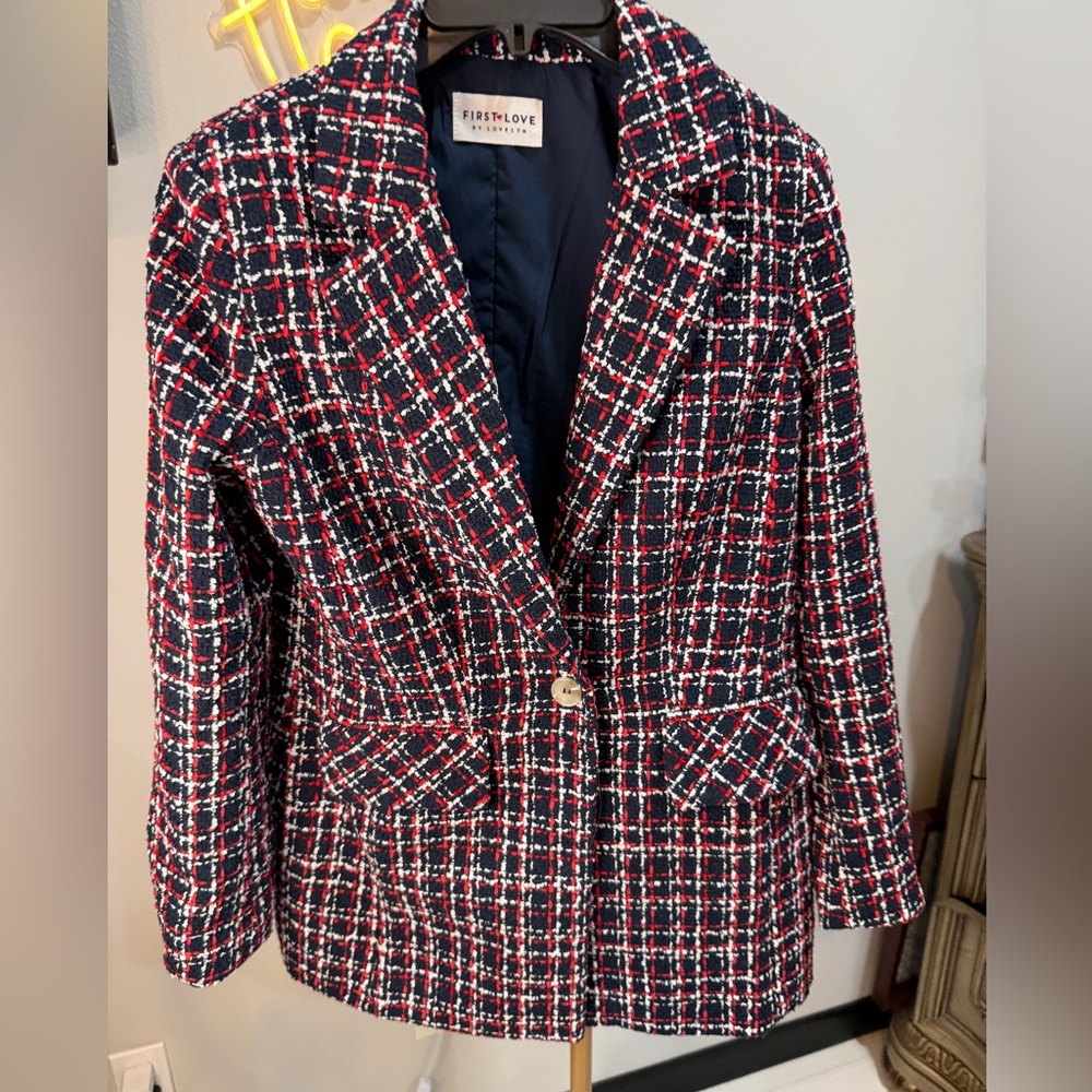 Tweed Plaid Single-Button Blazer Jacket - Navy/Red/White